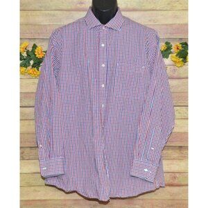 Tommy Hilfiger 17.5 34/35 Regular Fit Dress Shirt Red Blue Plaid Cotton Button